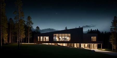 32638-1905135418-modern architecture style, photo realistic, clean sky, single building,(night_1.3),forest, masterpiece, best quality, highres,.jpg